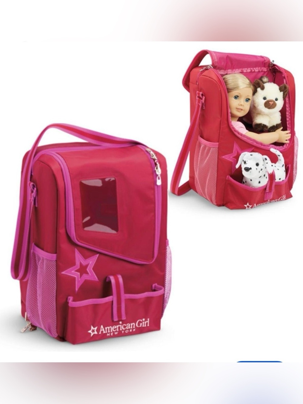 American Girl Doll and Pet Carrier Backpack Pink Travel Case with Window & Star